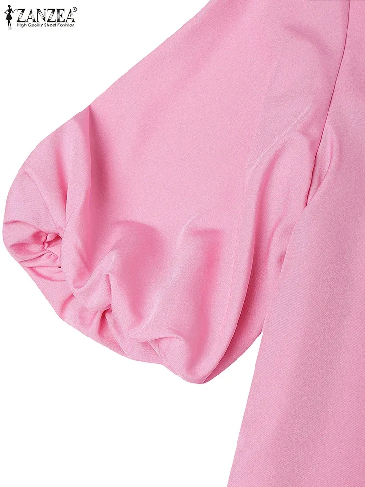 

ZANZEA Womens Fashion Blouses Elegant O-Neck Lantern Sleeves Blusas Mujer 2025 Summer Graceful Solid Color Commuting Tunic Tops
