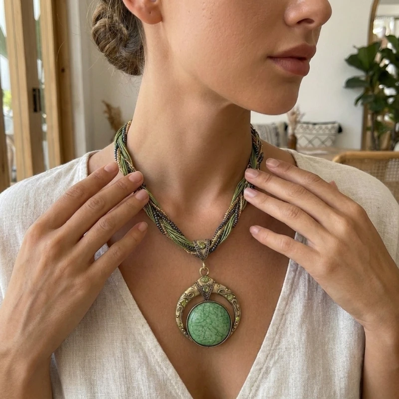 Bohemia Handmade Ethnic Round Dream Pendant Necklace Stylish Accessory Festival Collarbone Chain For Ladies