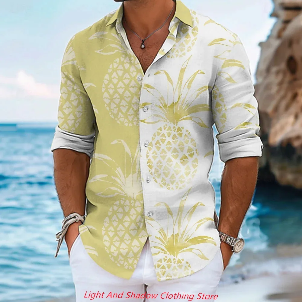 

2026 Men's Shirt - Pineapple Patterned Long-Sleeved Shirt - Comfortable Soft Casual Collar Men's Clothing Summer Fashion Trends