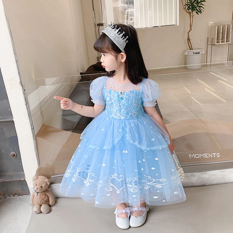 Gaun Cosplay putri Elsa, kostum Cosplay Ratu Salju biru payet Halloween Elza Anna kain Tule dengan jubah