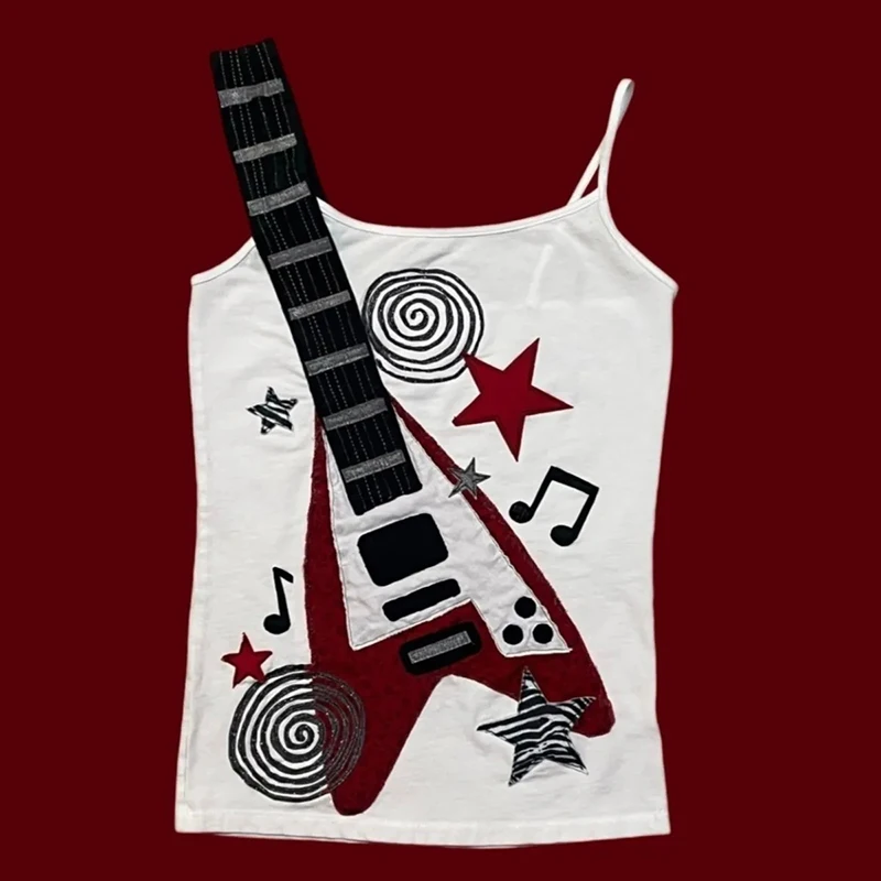 Camisola de retazos con estampado de guitarra subcultura, camiseta sin mangas Vintage Punk Rock Sexy Harajuku Y2K Street Jazz, chaleco con tirantes finos irregulares