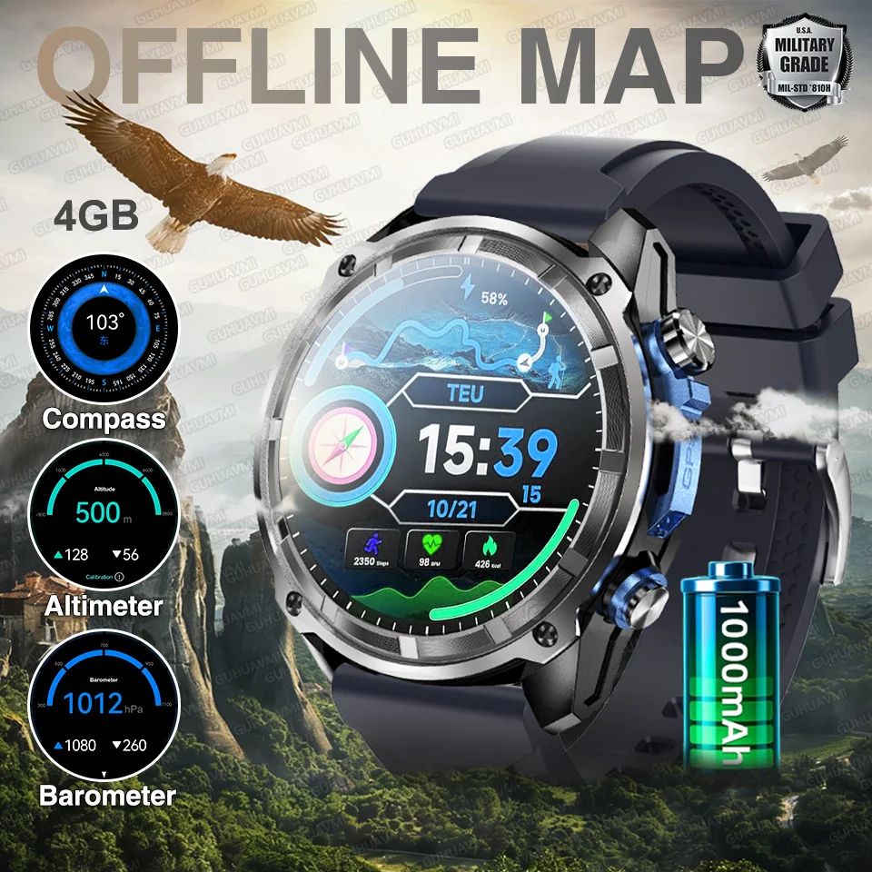 

2026 Military Smart Watch with GPS/Offline map Clock 1.43" Men 10ATM Waterproof Sports 1000mAh battery Outdoors 4GB Smartwatch