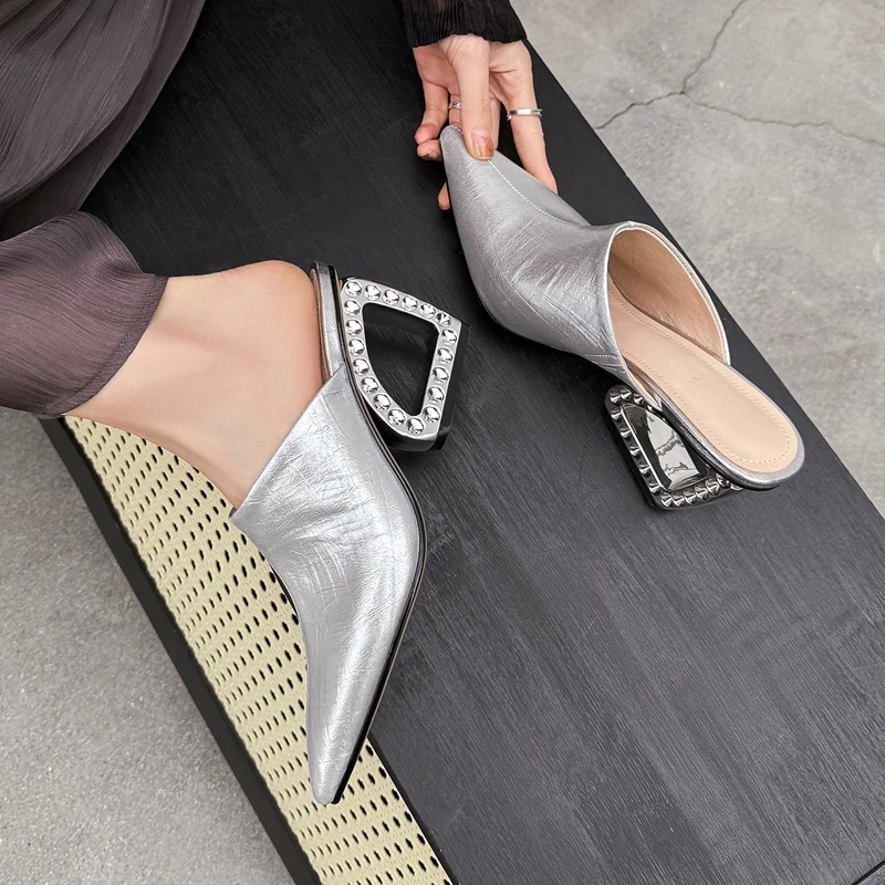 

Women's new summer leather cowhide pointed high-heeled wedge heel with toe cover,M ü ller shoes, star style fashionable slippers