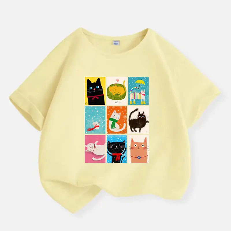 Cat Family Graphic Print Baby Boys T-shirt Cotton Yellow Tops Tee 2026 New Summer Funny Cartoon Kids T Shirt Teen 6 8 10 12 Year