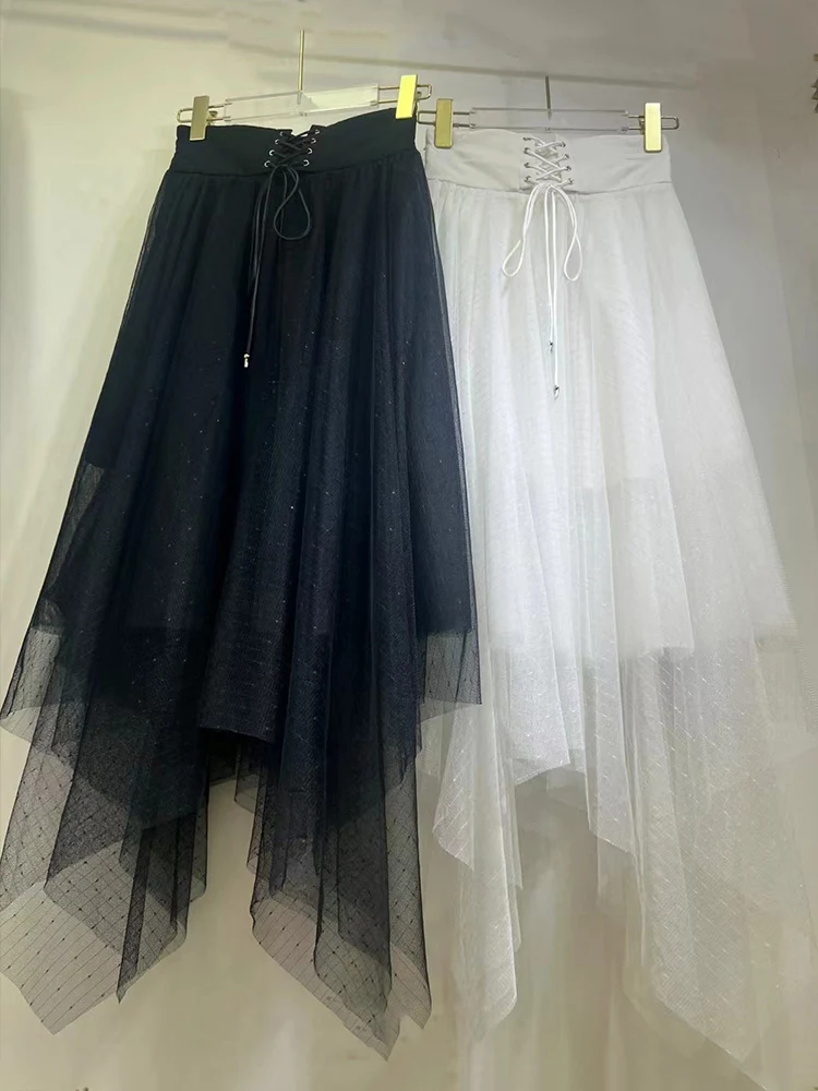 

Spring and summer 2024 new solid color elegant gauze skirt with high waist and irregular fashion Joker A-line skirt.