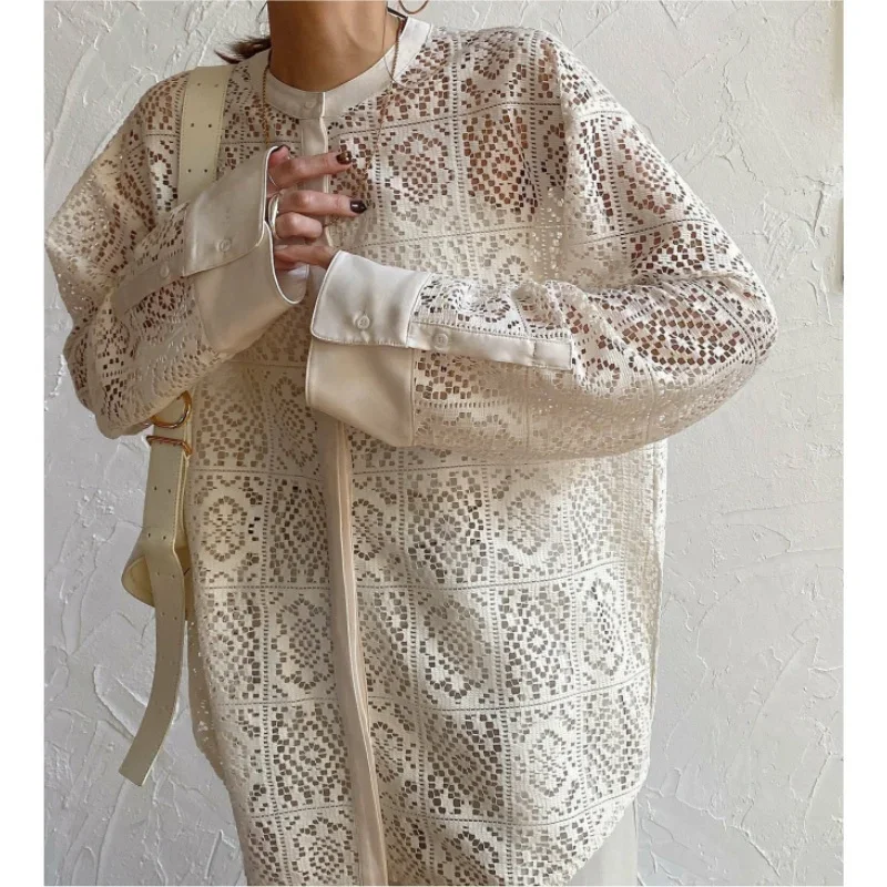 

REALEFT летние богемные кружевные вязаные крючком женские рубашки, топы, новинка 2025 года, однобортные повседневные свободные блузки с длинными рукавами