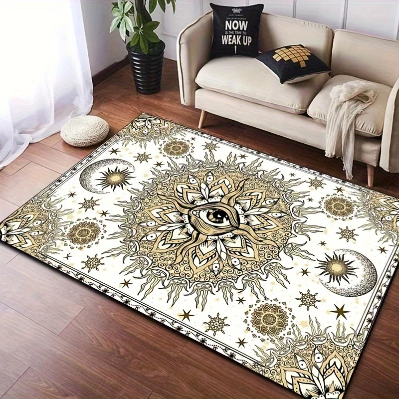 瞑想室用の神秘的な太陽と月のマンダララグ、天体模様のボヘミアンスタイルのカーペット、ヨガマットのインスピレーション