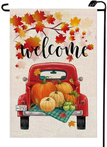 Fall Truck with Pumpkins Welcome Garden Flag 12 X 18 Inch Double Sided Autumn Ma UUI GGX