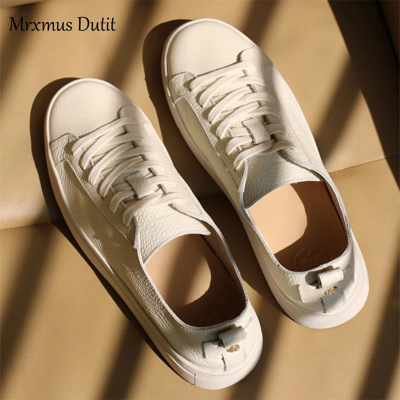 Mrxmus Dutit 2023 Autumn Fashion High Street Simple White Genuine Leather Soft Casual Comfot Sneakers Women Shoes Woman