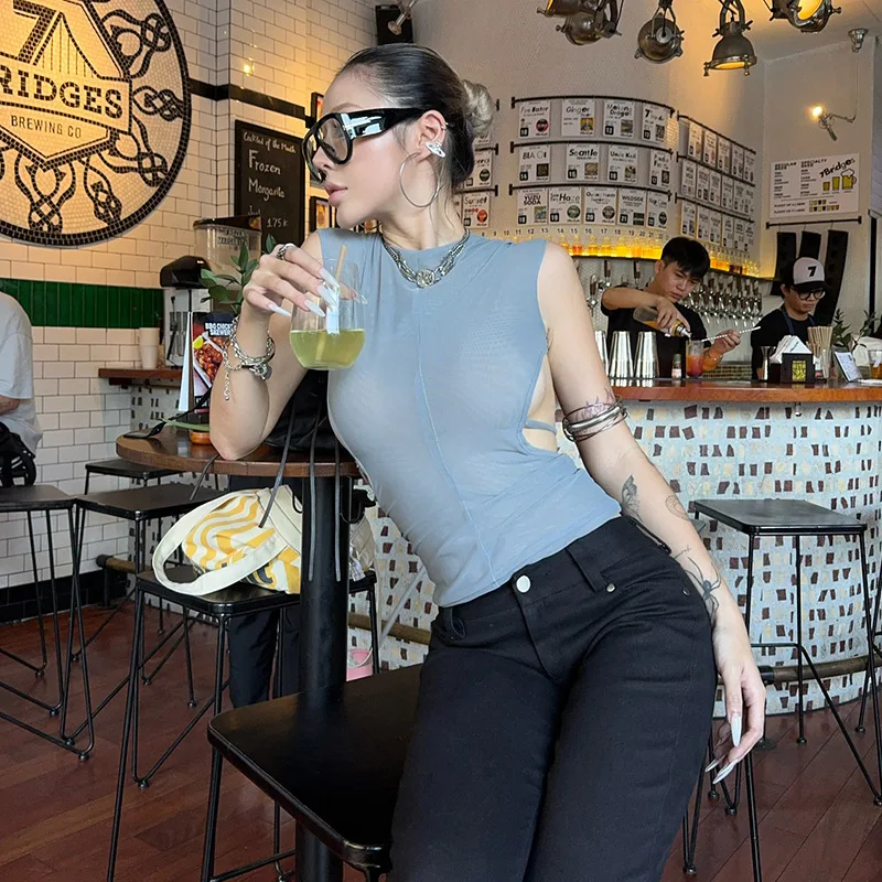 

Summer new round neck slim fit backless hollow out versatile short sleeved T-shirt for women
