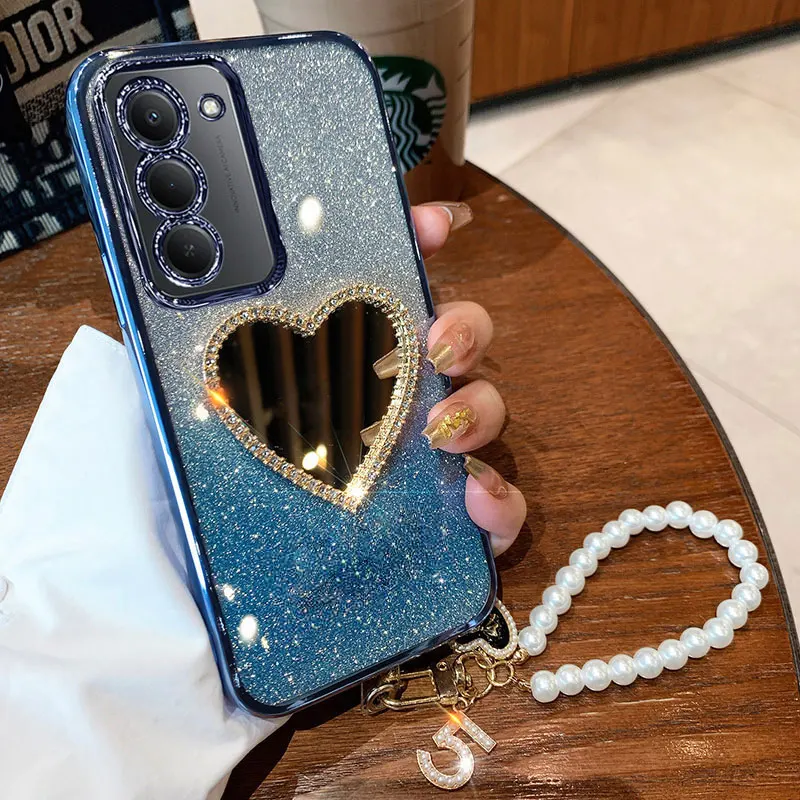 Redmi15 غطاء فاخر اللؤلؤ سوار الحال بالنسبة Xiaomi Redmi 15 4G 5G 15C POCO F7 X7 Pro 15T الماس الحب مرآة القضية مع الحبل