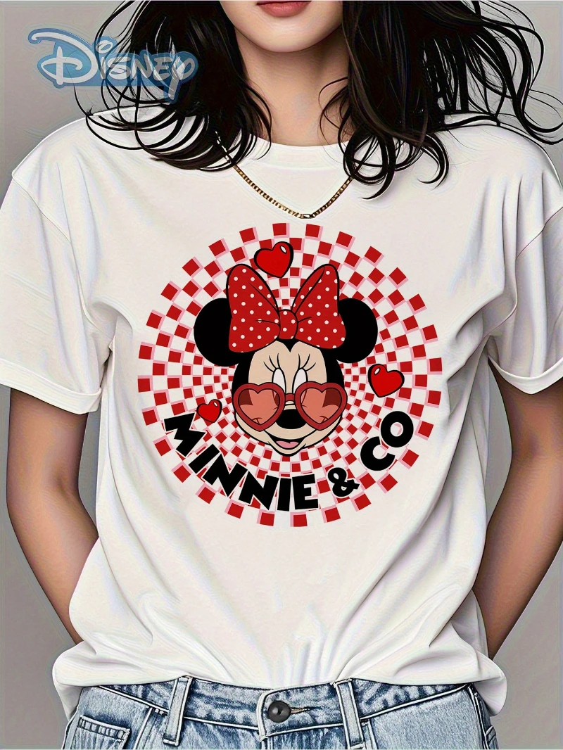 

Футболка с Минни Диснеем, летняя футболка унисекс, женская футболка с короткими рукавами и принтом, универсальная, милая, однотонная, новый стиль