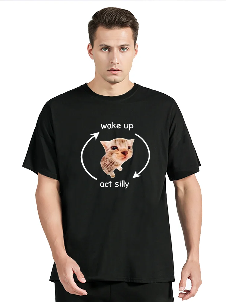 Wake Up Act Silly T Shirt Cute Cat Meme Y2k Graphic T-shirts O-neck 100% Cotton Unisex Casual Tee Tops  Clothing