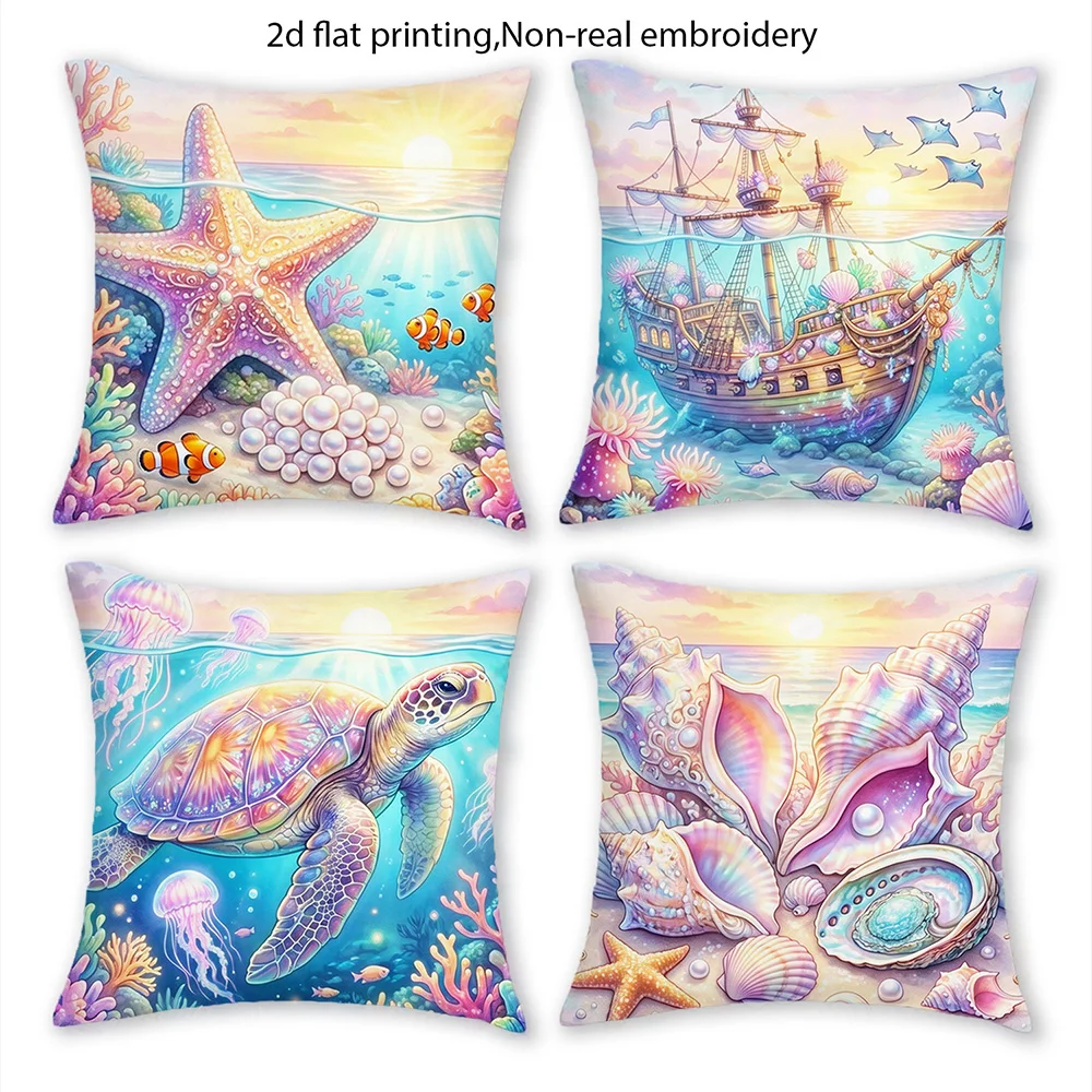 1/4 piezas Funda de cojín iridiscente con diseño de tortuga marina costera, atardecer, océano, medusa y arrecife de coral