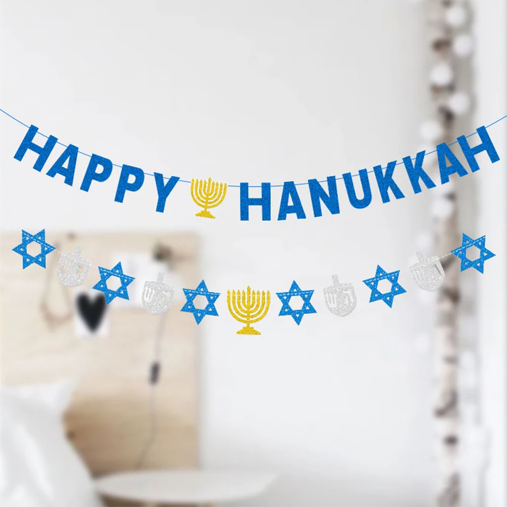 

2 Pcs Six Pointed Star Menorah Hanukkah Decorations Festive Banners Happy Banner Party Flash Home Backdrop Yard Garden