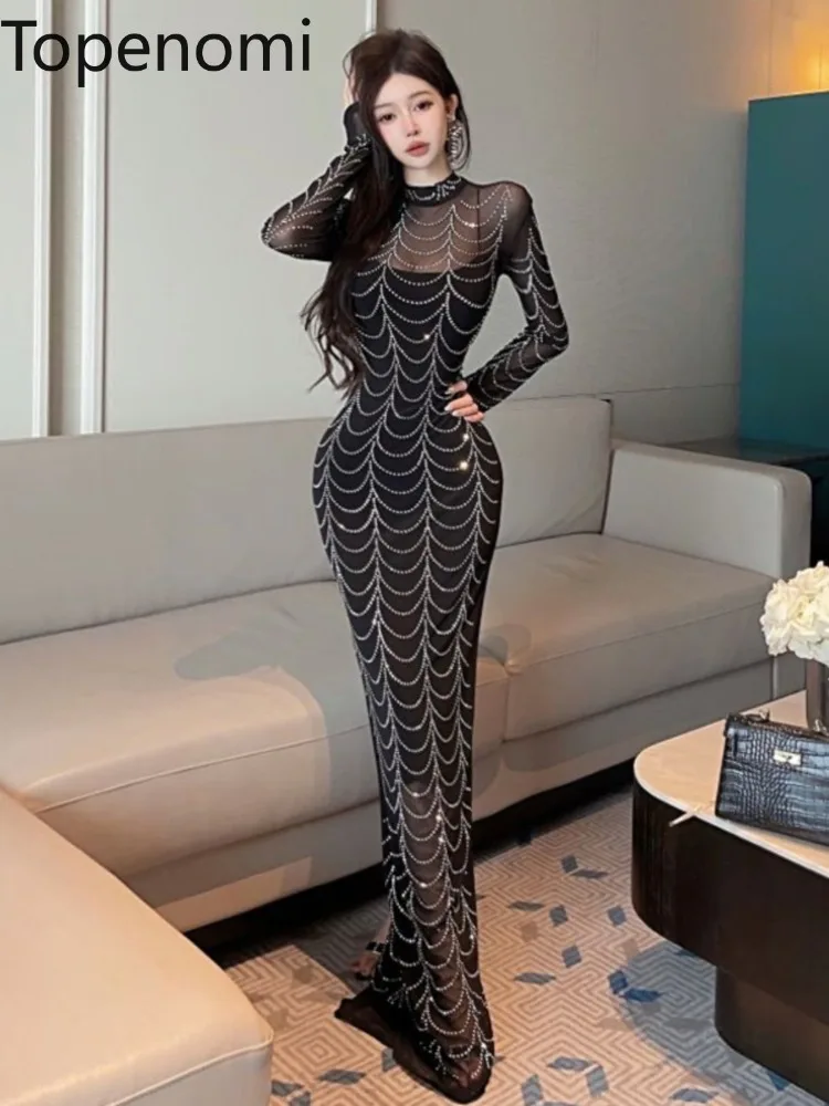 Topenomi Sexy Mesh Diamonds Night Evening Dresses Women Long Sleeve High Waist Slim Fit Floor Length Banquet Party Vestidos 2024