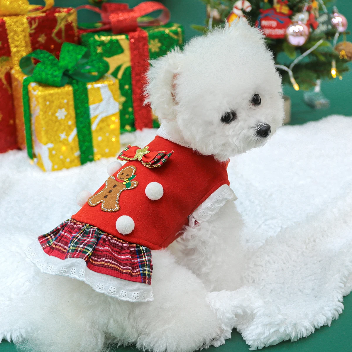 1PC Pet Clothing Cat Autumn/Winter Christmas Gingerbread Man Red Checkered Skirt Suitable for Small and Medium sized Dogs