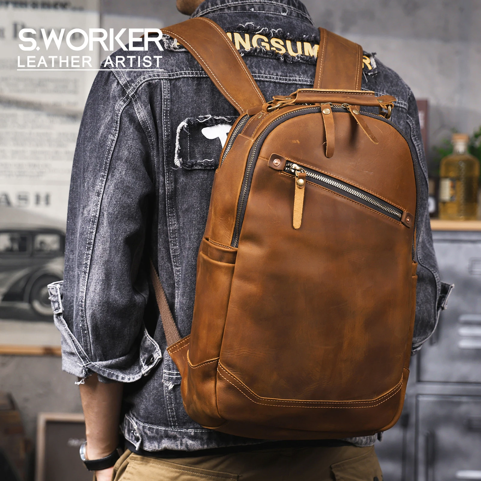 Vintage handgefertigter Rucksack aus hochwertigem Echtleder für Herren, Leder-Laptop-Umhängetasche, Crazy Horse Schultasche, modisch für Männer – Detail 2