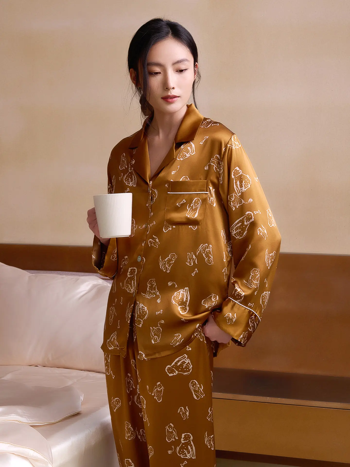 

Luxury Vintage Printed 100% Mulberry Silk Pajama Spring Autumn Sleepwear Female 2 Piece Set Nightwear Lady Pyjamas Loungewear PJ