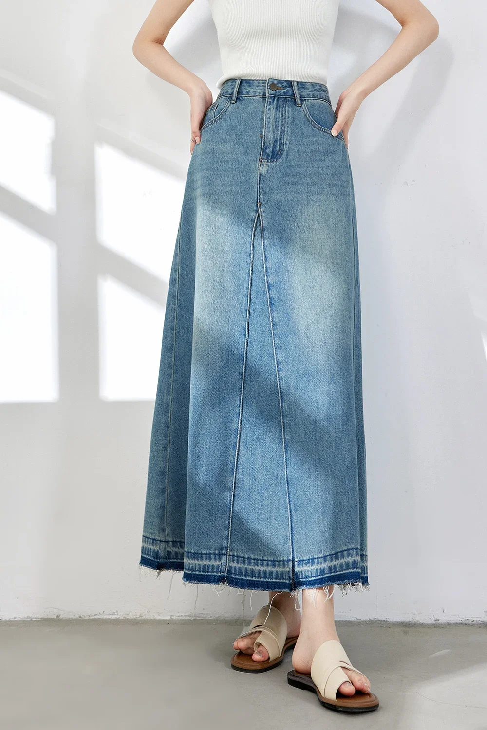 

VIMLY Women's Denim Wrap Skirts Retro High Waisted Commuter A-Line Denim Skirt Autumn Fashion Casual Straight Skirt Female 73170