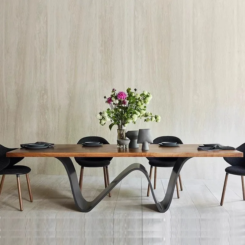 

Nordic designer solid wood dining table black walnut office creative simple table and chairs log tea