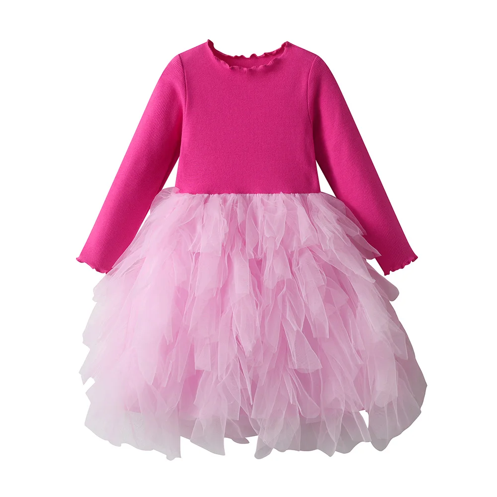 Rosa Strick-Tüllkleid für Kinder, Mädchen Weiches Baumwoll-Langarmkleid, Flauschiges Mesh-Tutu-Kleid, Mädchen Geburtstagsparty Süßes Elegantes Alltagskleid – Detail 6