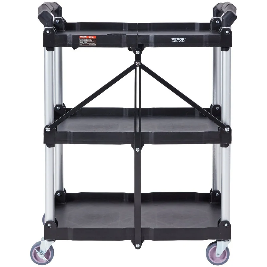 

Foldable Utility Service Cart 3 Shelf 165LBS Heavy Duty Plastic Rolling Cart with Lockable Wheels Ergonomic Handle Portable Gar