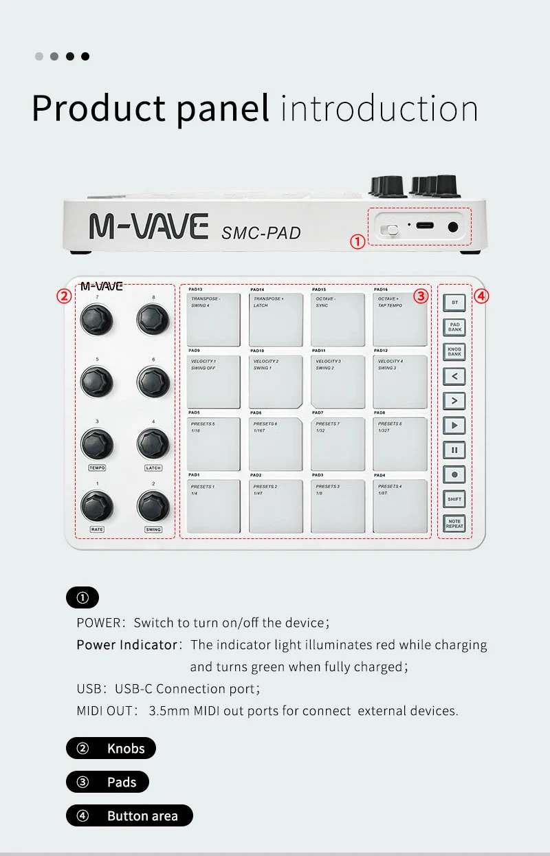 M-VAVE SMC-PAD 16-Tasten RGB Hintergrundbeleuchteter MIDI-Pad-Controller mit 8 Drehreglern – Detail 10