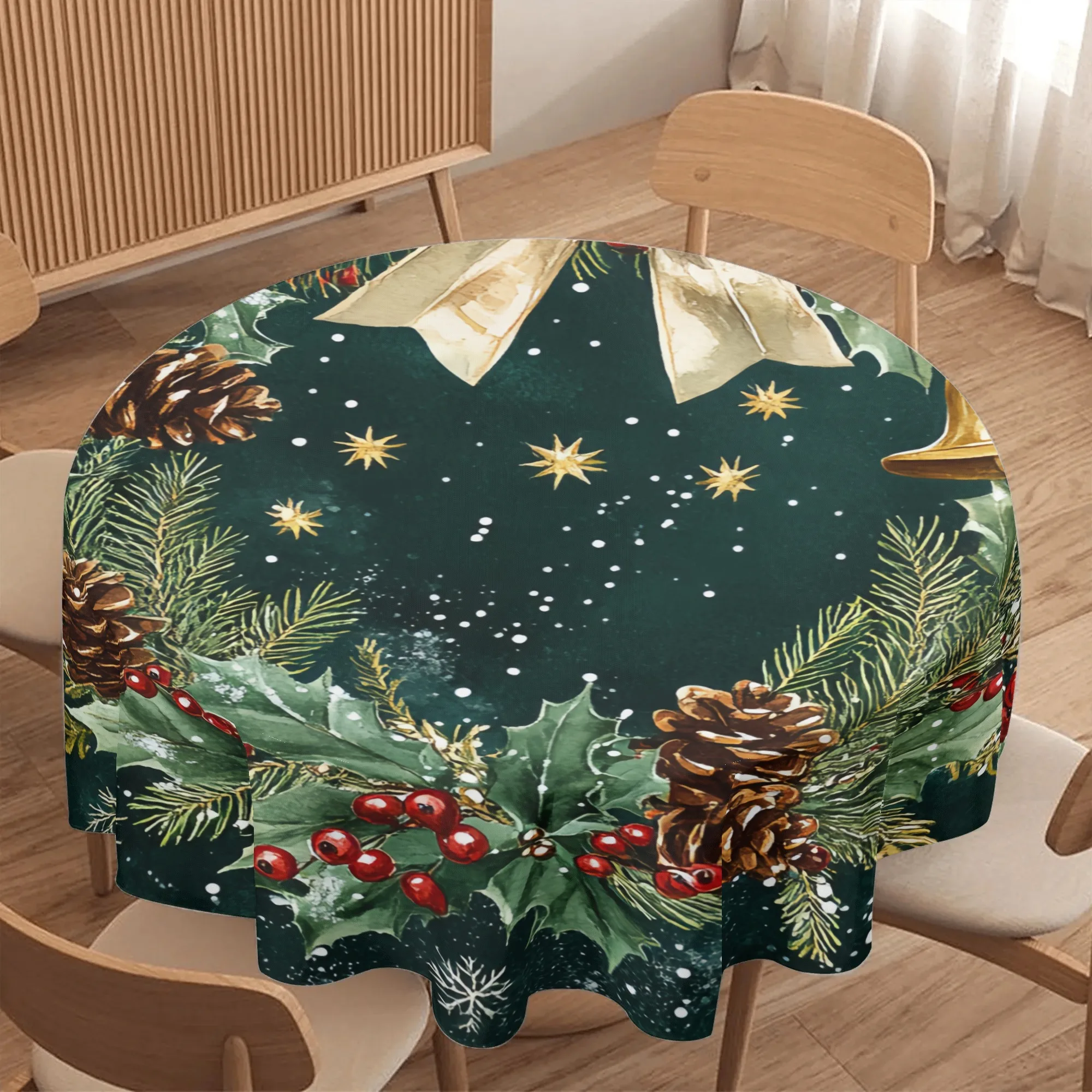 1 Christmas tablecloth round - festive pine wreath design with holly berries, snowflakes and stars, table decoration