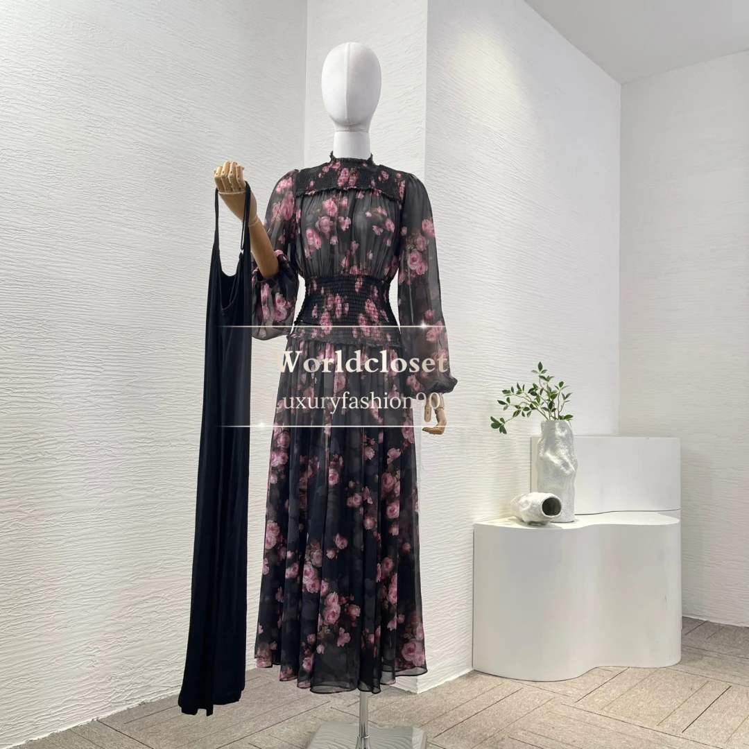 

Rose Print Ruched Ruffles Long Sleeve High Waist Midi Chiffon Dress 2026 New Black Pink