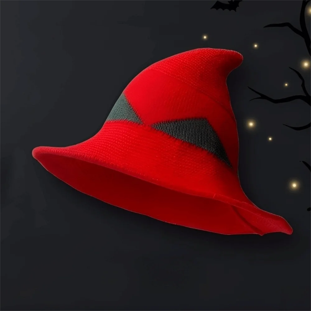 Cosplay Hat Wide Edges Witch Hat Color Blocked Spire Knitted Wizard Cap Foldable Soft Halloween Hat Stage Play