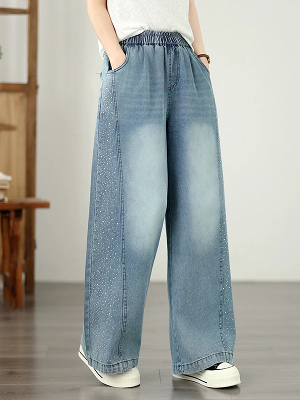 

plus Size Denim Wide Leg Pants Women's Summer New Style Sequin Elastic Loose Slimming Casual Straight Leg Trousers