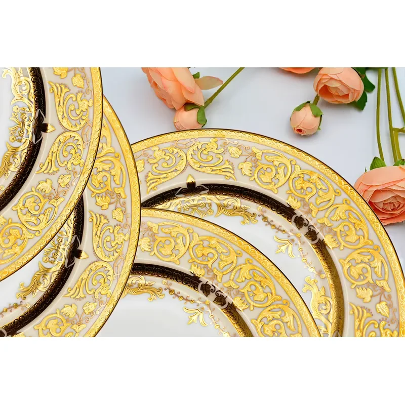 98pcs Embossed Gold Tableware Royal Style China Porcelain Dinnerware with Teapot Cup Set Full Dinner