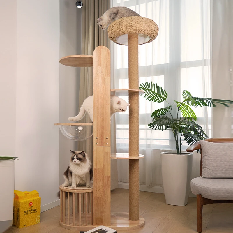 Solid Wood Cat Climbing Frame Luxury  Scratching Board Cat Nest  Tree Integrated Sisal Space Capsule Big Cage