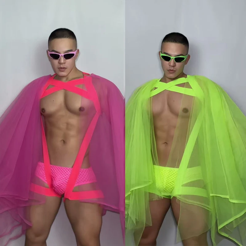

Muscle Man Pole Dance Clothing Fluorescent Colors Cloak Shorts Men Gogo Costumes Nightclub DJ Rave Outfit Stage Suits XS11460