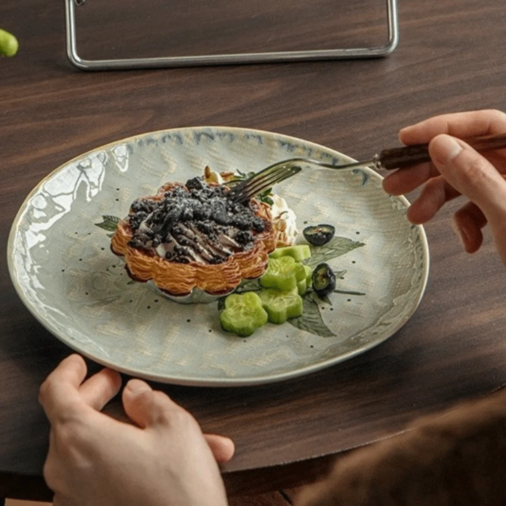 Tableware Water Ripple Ceramic Dinner Plates Round Stackable Dessert Plate Microwave Safe Fruit Plate Picnic