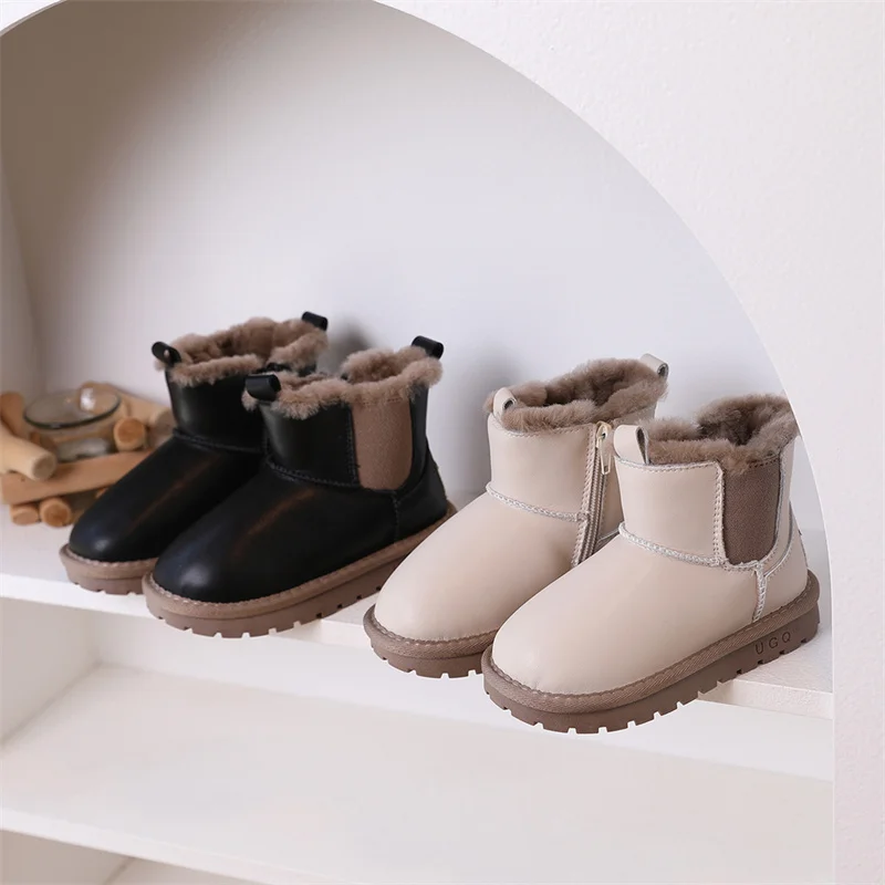 DIMI 2023 New Winter Children Shoes PU Leather Fashion Brand Boys Girls Boots Soft Non-Slip Warm Plush Kids Snow Boots