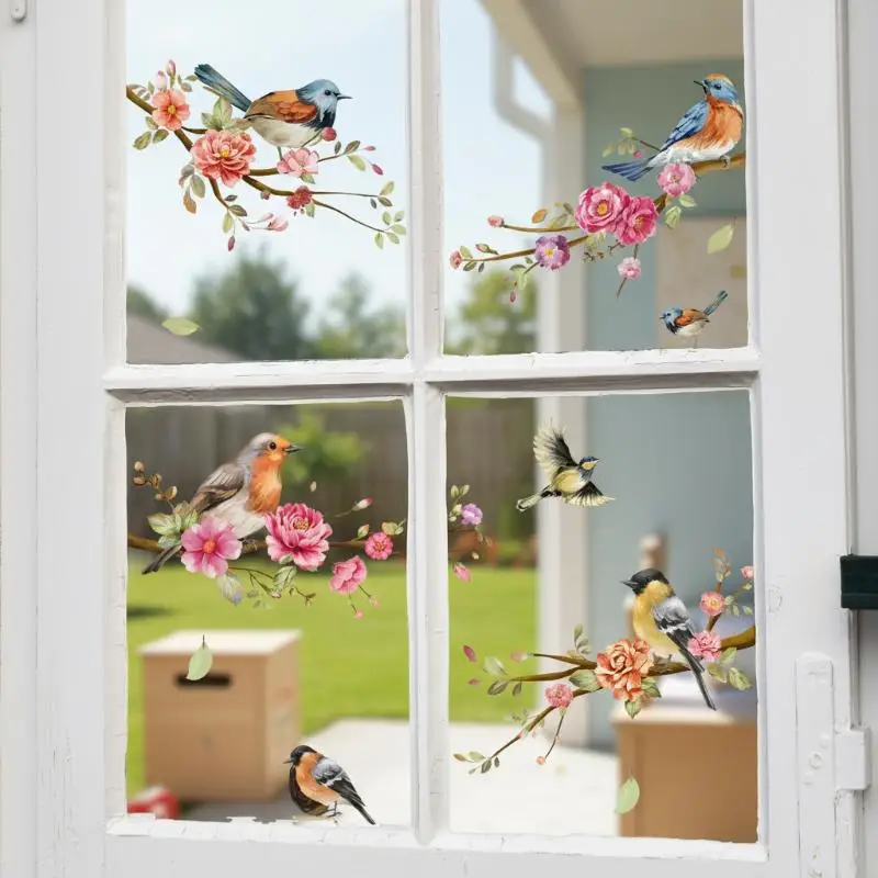 Spring Summer Flowers Birds Window Stickers PVC Electrostatic Static Cling Glass Film Room Home Wall Door Decor