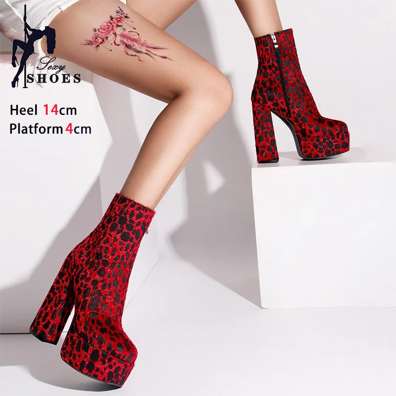 Women Ankle Boots Designer Brand Chunky Heel Platform Shoes Leopard Print Short Boots Female 14CM Flock High Heels Botas Mujer