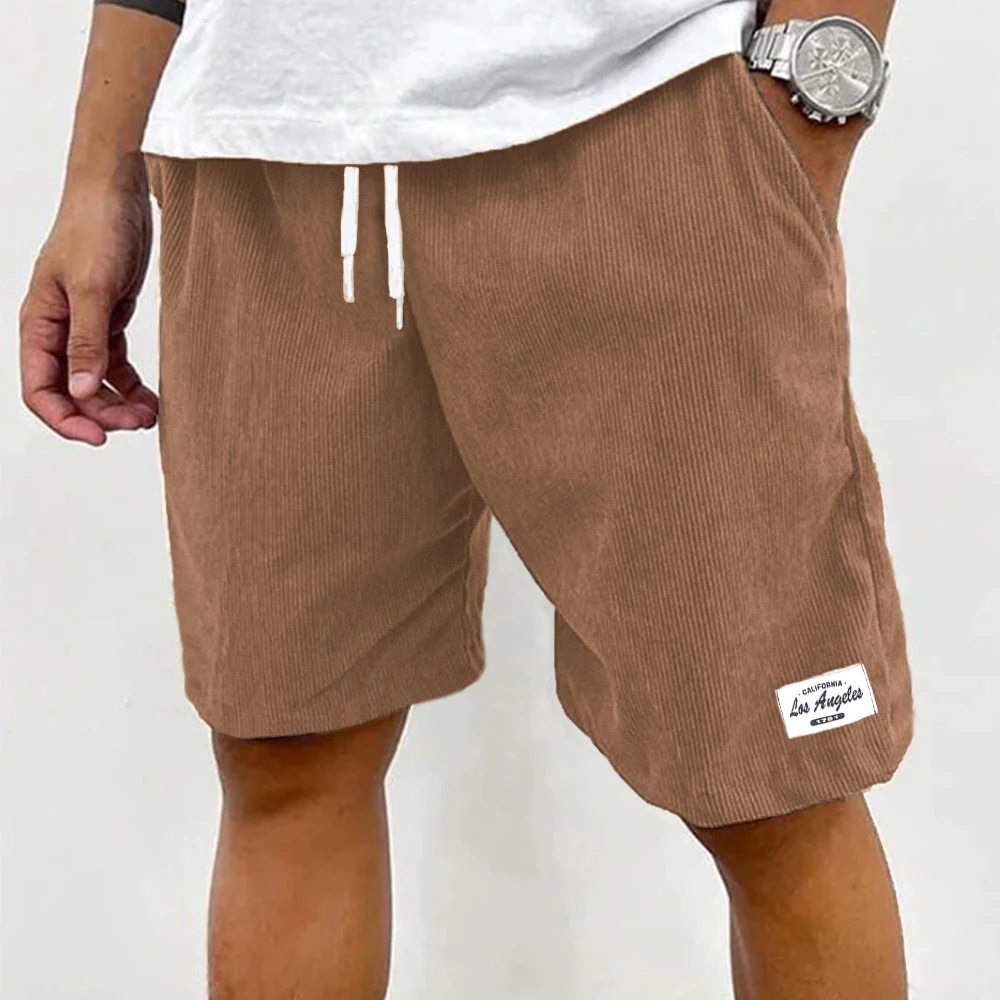 Men Solid Corduroy Casual Shorts Elastic Drawstring Waist Loose Knee Length Streetwear Walking Shorts with Pockets