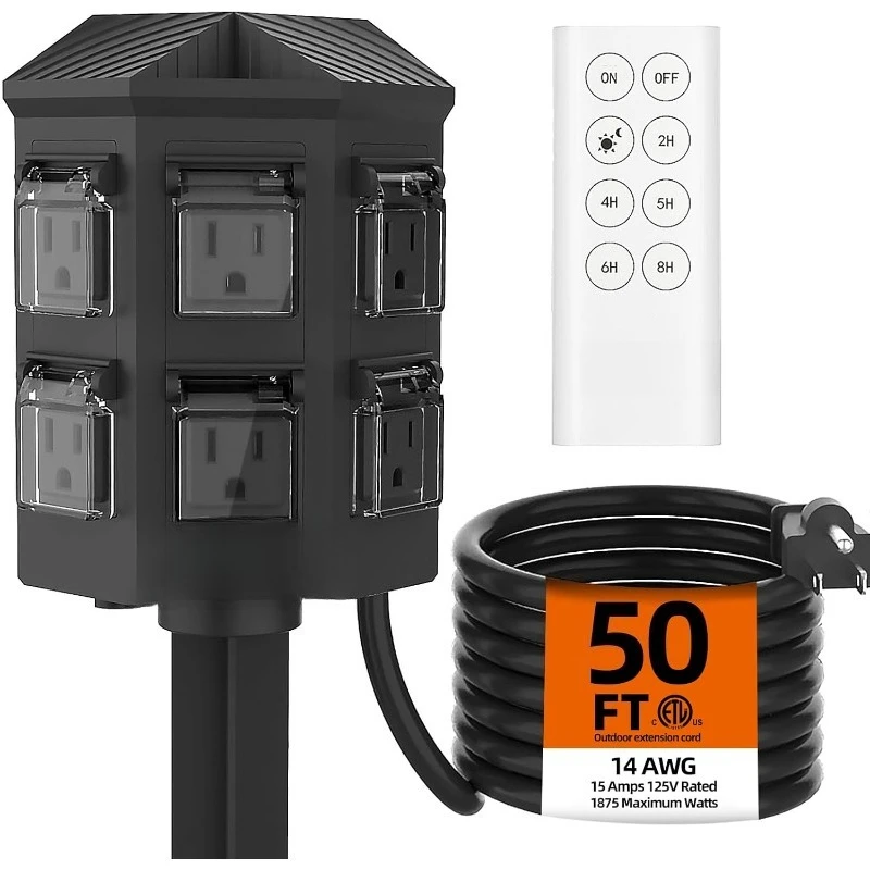 

Outdoor Power Strip with 25FT Extension Cord, 100FT Remote Control, Dusk to Dawn Light Timer Waterproof, 6 Grounded Outlets for