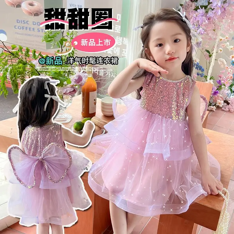 

Summer Childrens Princess Ball Gown Birthday Bow Shiny Gauze Party Evening Elegance Mesh Sundress Girls Performance Clothing