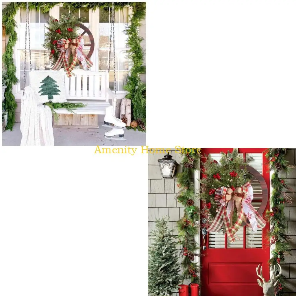F26C Christmas Wooden Wagon Wheel Wreath Simulation Winter Themed Party Bar Door