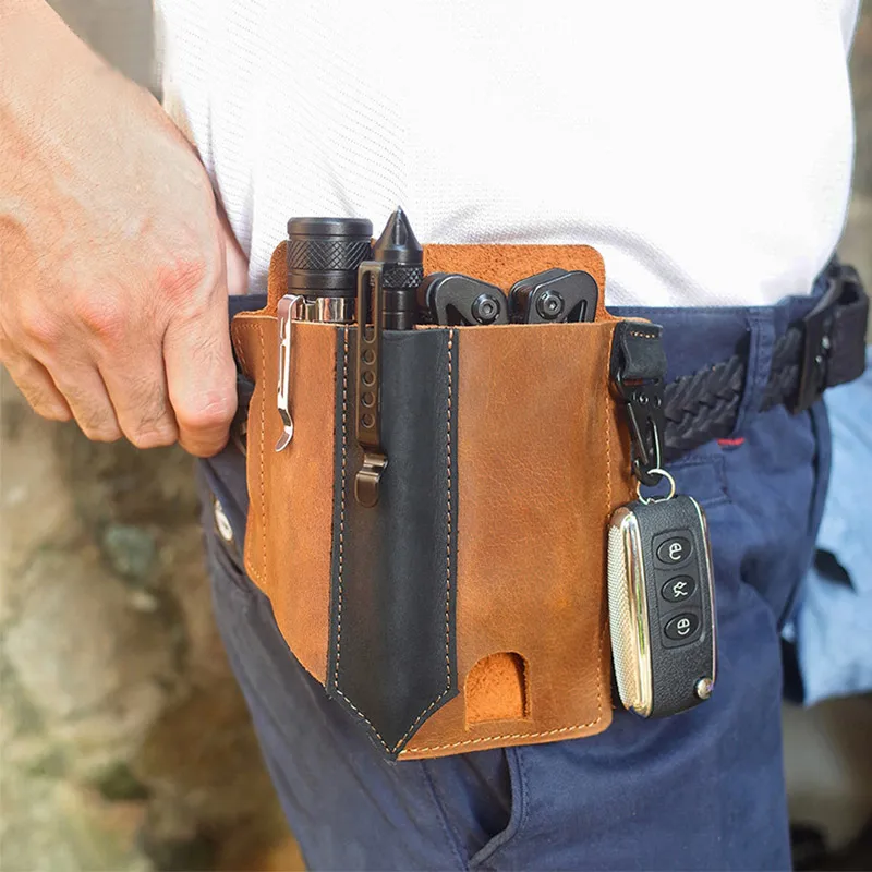 Tactical Multi Tool Belt Leather Bag Portable Tool Storage Bag Holster Key Holder Outdoor Camp Hunting Waist PU Leather Pocket