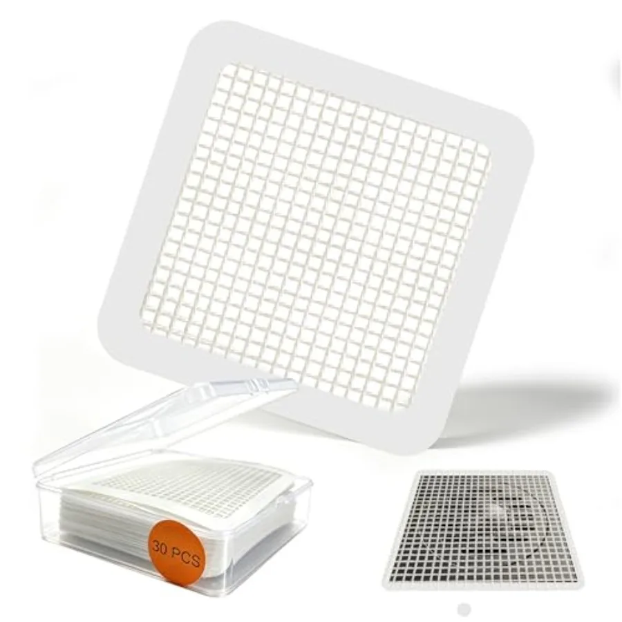 

30 Pack Disposable Shower Drain Hair Catcher Mesh Stickers, 3.94 Inch Square Waterproof Adhesive Hair Stopper for Floor Drains,