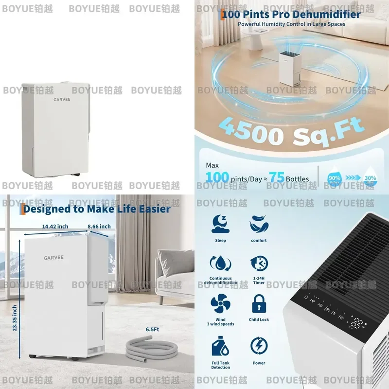 High Capacity Dehumidifier 100 Pint Quiet Operation for Large Room Basement Home with Drain Hose and Water Tank Efficient