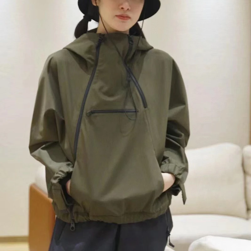 Women's Hooded Standing Collar Punching Jacket Coat, Loose Casual Sport Wind Jacket Top, High Quality, 2024, Fall, New, y2k