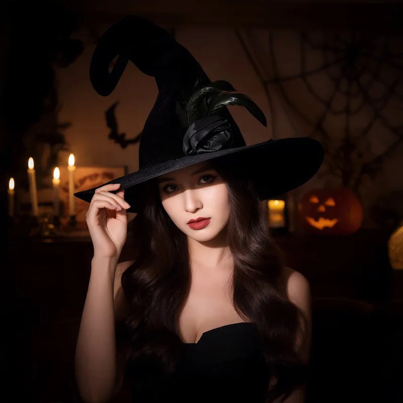 Newest Halloween Curly Spiral Black Velvet Witch Hat Feather Rose Gothic Cosplay Wizard Hats Women Magic Party Costume Accessory