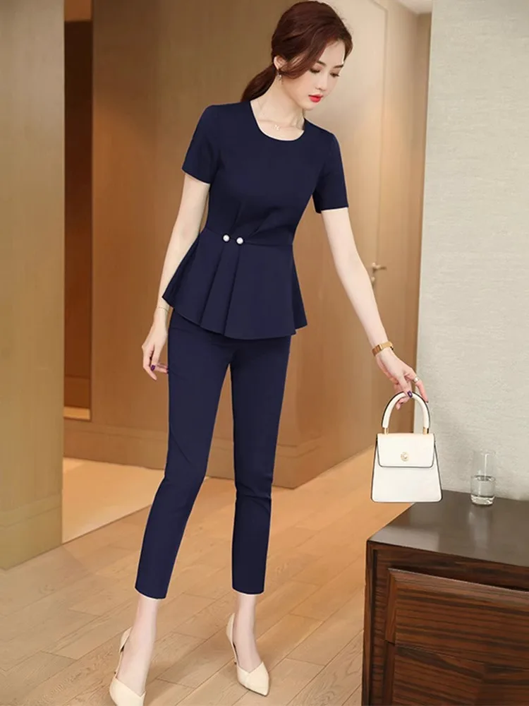 

Ladies Slim Fit Fashionable Thin Suit Set for Hotel And Jewelry Store Managers Summer Workwear Classic round Neck Button up