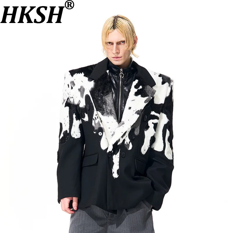 

HKSH осень-зима новая мужская уличная одежда с коровьим узором в стиле пэчворк контрастного цвета меховой пиджак трендовый модный элитный костюм пальто HK14571